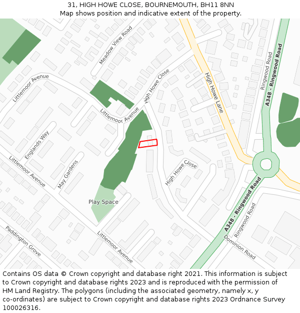 31, HIGH HOWE CLOSE, BOURNEMOUTH, BH11 8NN: Location map and indicative extent of plot