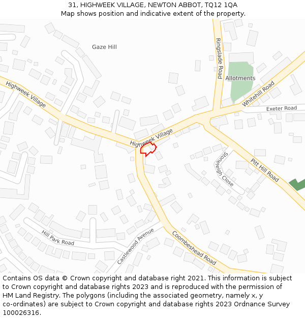 31, HIGHWEEK VILLAGE, NEWTON ABBOT, TQ12 1QA: Location map and indicative extent of plot