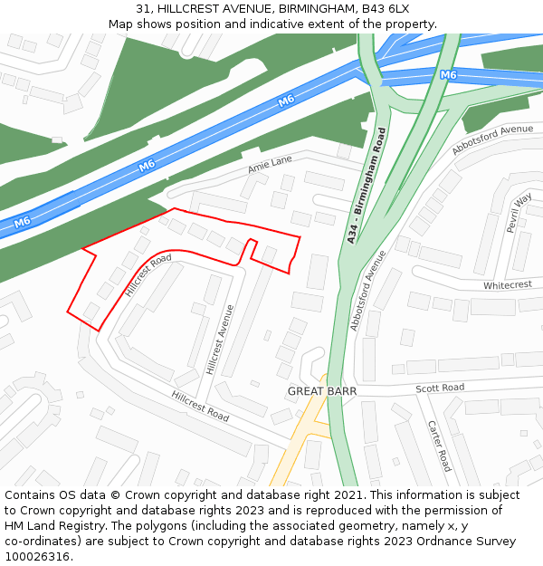 31, HILLCREST AVENUE, BIRMINGHAM, B43 6LX: Location map and indicative extent of plot