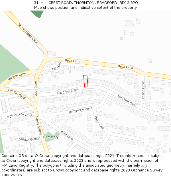 31, HILLCREST ROAD, THORNTON, BRADFORD, BD13 3PQ: Location map and indicative extent of plot