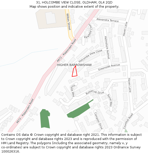 31, HOLCOMBE VIEW CLOSE, OLDHAM, OL4 2QD: Location map and indicative extent of plot