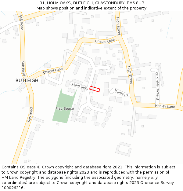 31, HOLM OAKS, BUTLEIGH, GLASTONBURY, BA6 8UB: Location map and indicative extent of plot