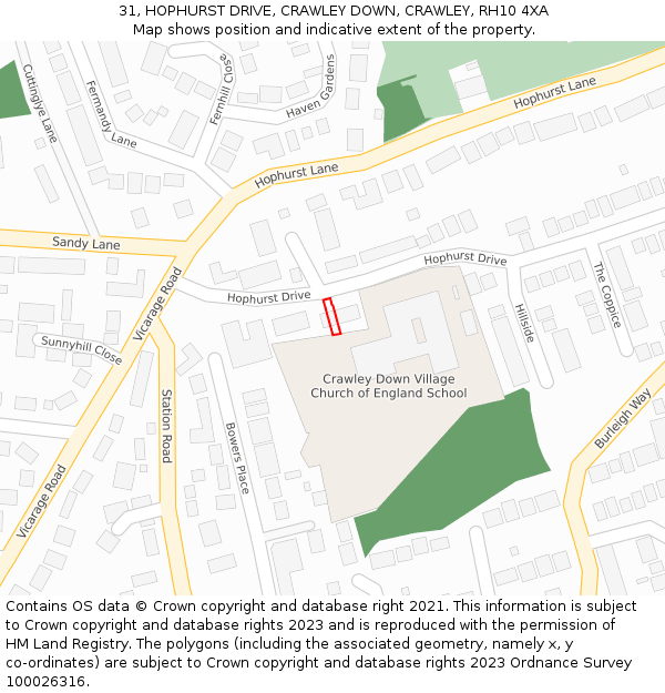 31, HOPHURST DRIVE, CRAWLEY DOWN, CRAWLEY, RH10 4XA: Location map and indicative extent of plot