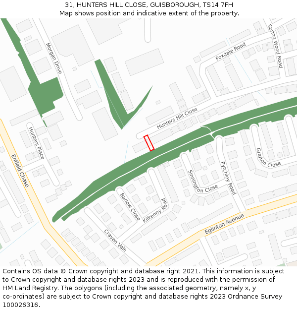 31, HUNTERS HILL CLOSE, GUISBOROUGH, TS14 7FH: Location map and indicative extent of plot