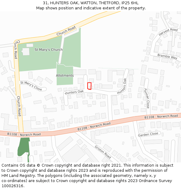 31, HUNTERS OAK, WATTON, THETFORD, IP25 6HL: Location map and indicative extent of plot