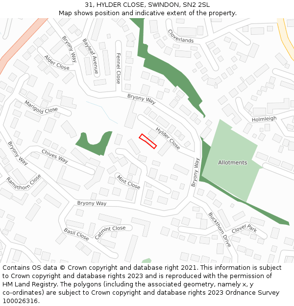 31, HYLDER CLOSE, SWINDON, SN2 2SL: Location map and indicative extent of plot