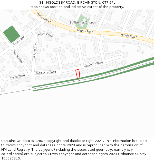 31, INGOLDSBY ROAD, BIRCHINGTON, CT7 9PL: Location map and indicative extent of plot