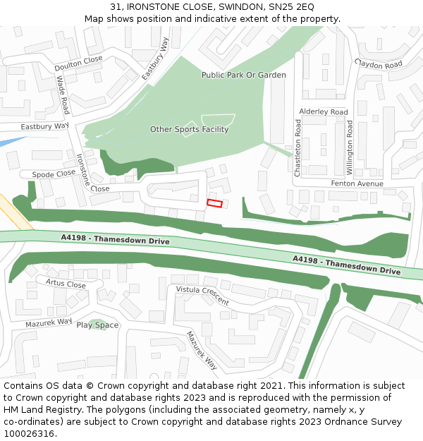 31, IRONSTONE CLOSE, SWINDON, SN25 2EQ: Location map and indicative extent of plot