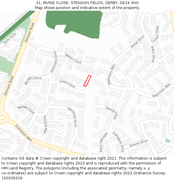 31, IRVINE CLOSE, STENSON FIELDS, DERBY, DE24 3HS: Location map and indicative extent of plot