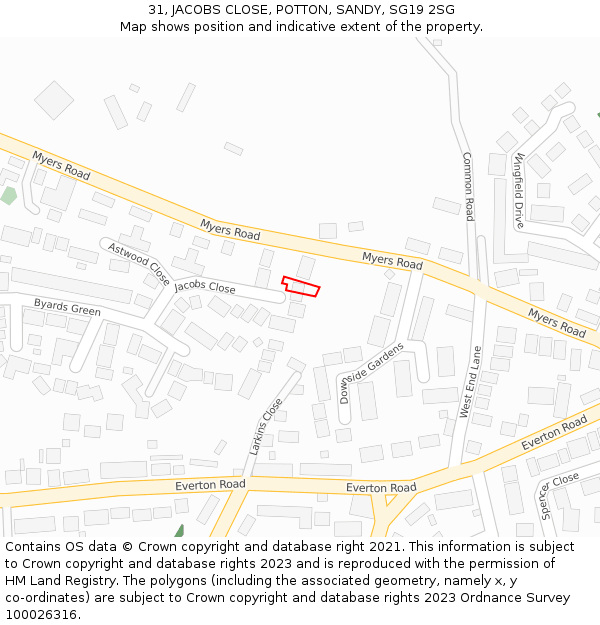 31, JACOBS CLOSE, POTTON, SANDY, SG19 2SG: Location map and indicative extent of plot