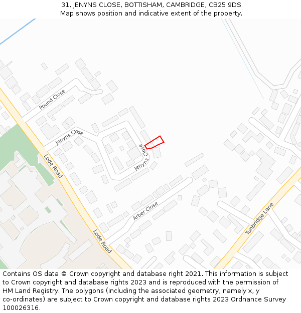 31, JENYNS CLOSE, BOTTISHAM, CAMBRIDGE, CB25 9DS: Location map and indicative extent of plot