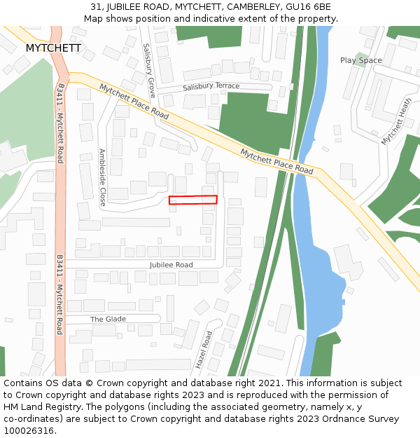 31, JUBILEE ROAD, MYTCHETT, CAMBERLEY, GU16 6BE: Location map and indicative extent of plot