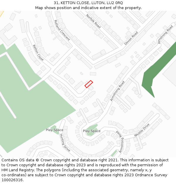 31, KETTON CLOSE, LUTON, LU2 0RQ: Location map and indicative extent of plot