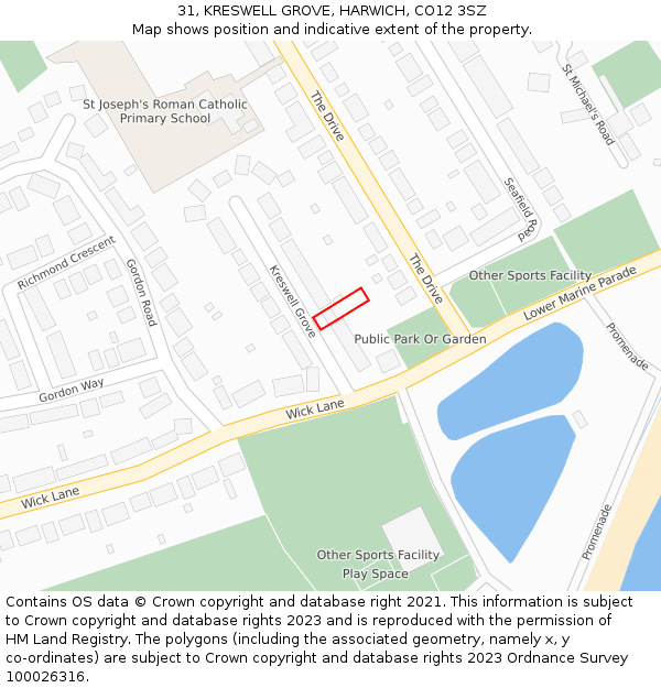 31, KRESWELL GROVE, HARWICH, CO12 3SZ: Location map and indicative extent of plot