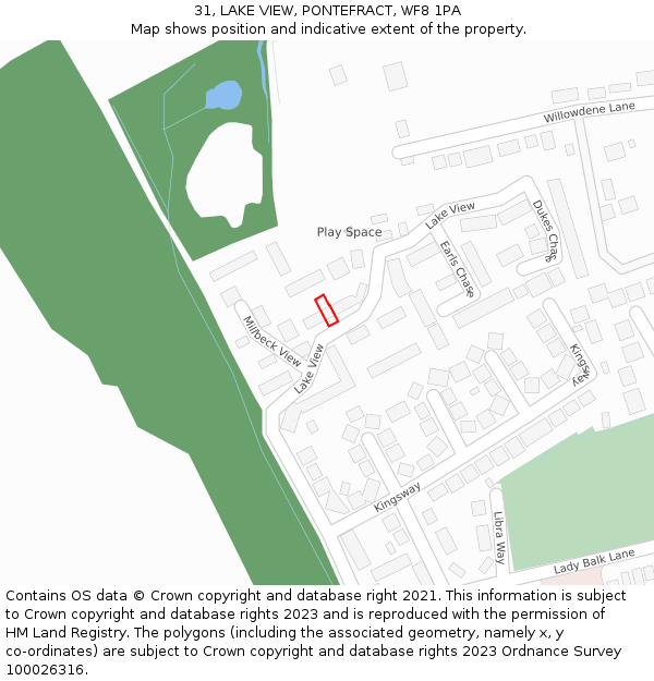 31, LAKE VIEW, PONTEFRACT, WF8 1PA: Location map and indicative extent of plot
