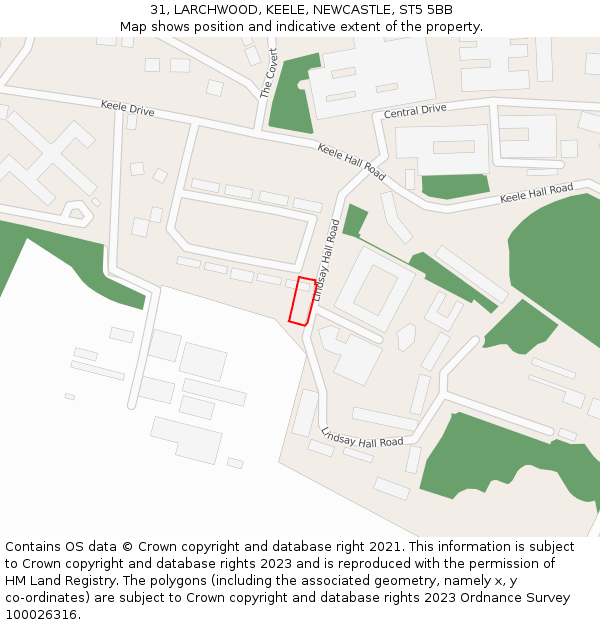 31, LARCHWOOD, KEELE, NEWCASTLE, ST5 5BB: Location map and indicative extent of plot