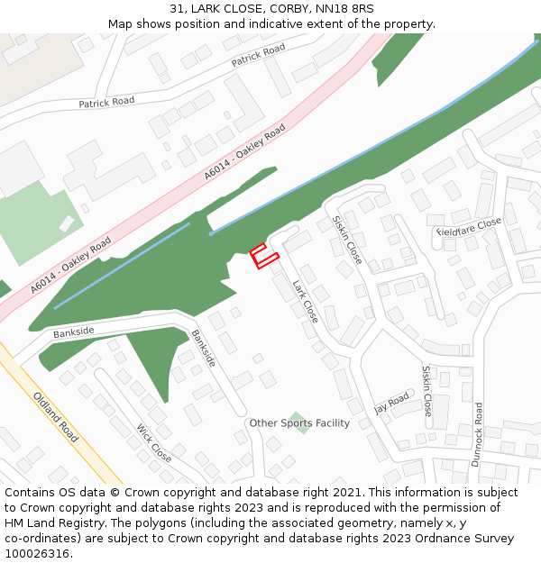 31, LARK CLOSE, CORBY, NN18 8RS: Location map and indicative extent of plot