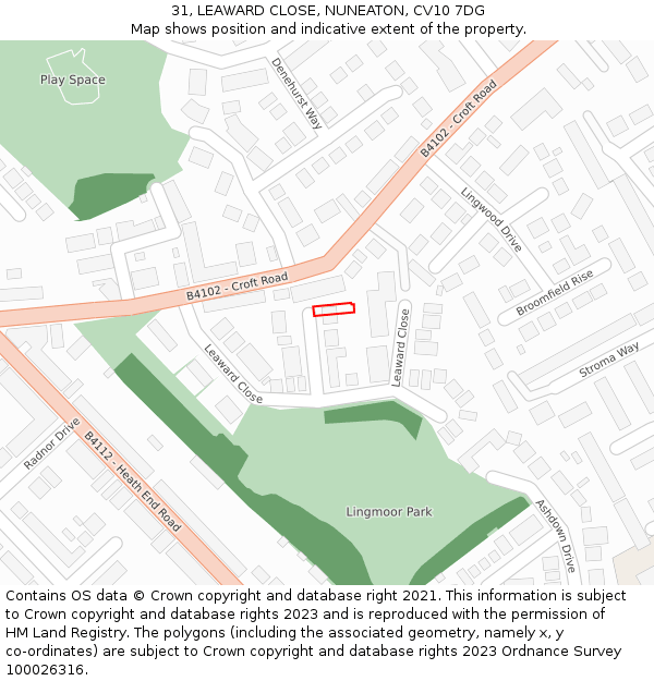 31, LEAWARD CLOSE, NUNEATON, CV10 7DG: Location map and indicative extent of plot