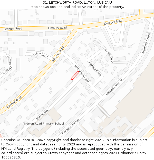 31, LETCHWORTH ROAD, LUTON, LU3 2NU: Location map and indicative extent of plot