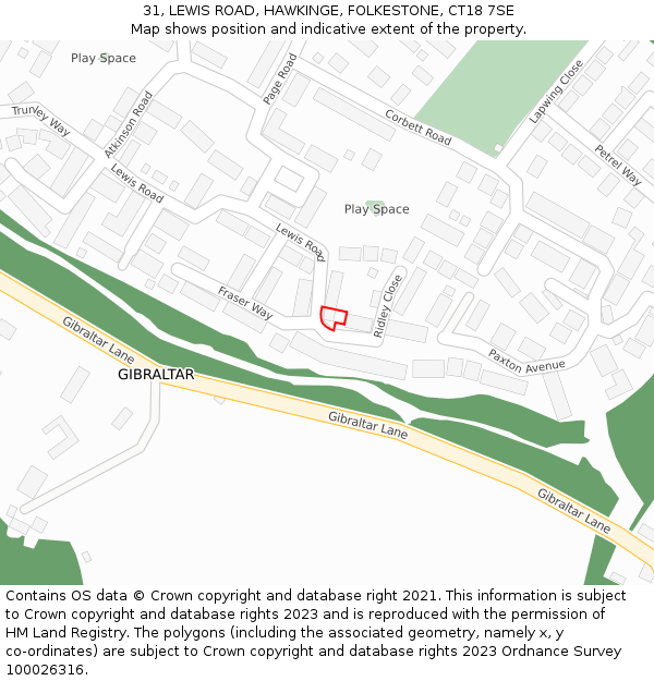 31, LEWIS ROAD, HAWKINGE, FOLKESTONE, CT18 7SE: Location map and indicative extent of plot