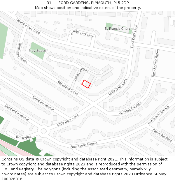 31, LILFORD GARDENS, PLYMOUTH, PL5 2DP: Location map and indicative extent of plot