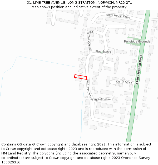 31, LIME TREE AVENUE, LONG STRATTON, NORWICH, NR15 2TL: Location map and indicative extent of plot