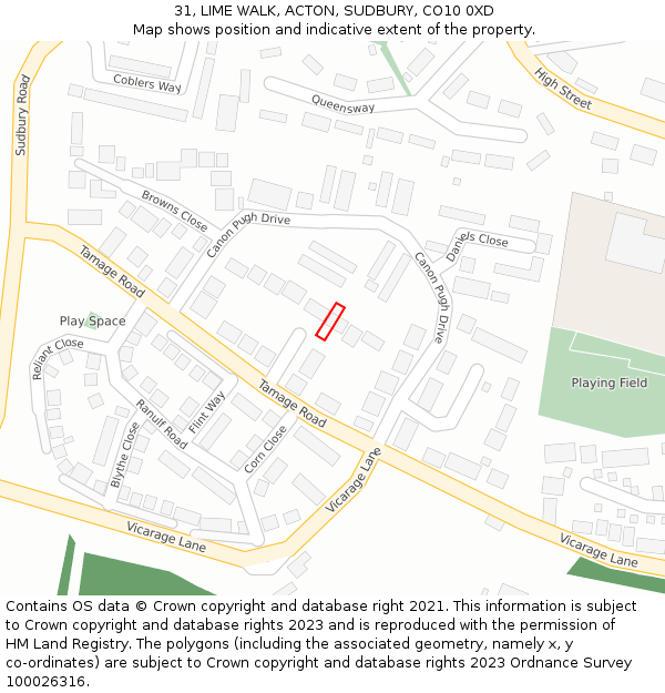 31, LIME WALK, ACTON, SUDBURY, CO10 0XD: Location map and indicative extent of plot