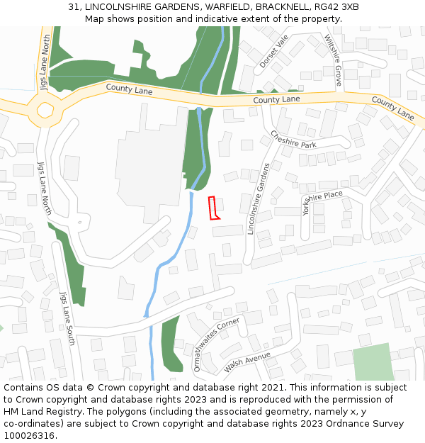 31, LINCOLNSHIRE GARDENS, WARFIELD, BRACKNELL, RG42 3XB: Location map and indicative extent of plot