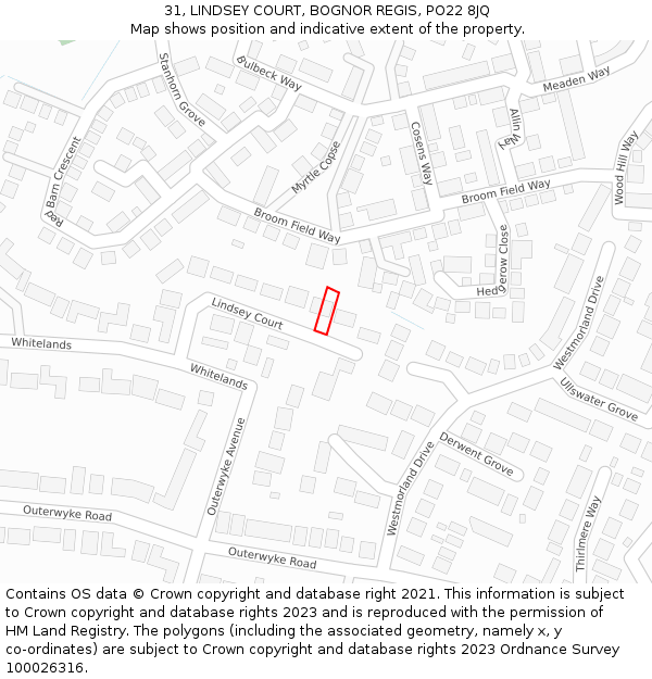 31, LINDSEY COURT, BOGNOR REGIS, PO22 8JQ: Location map and indicative extent of plot