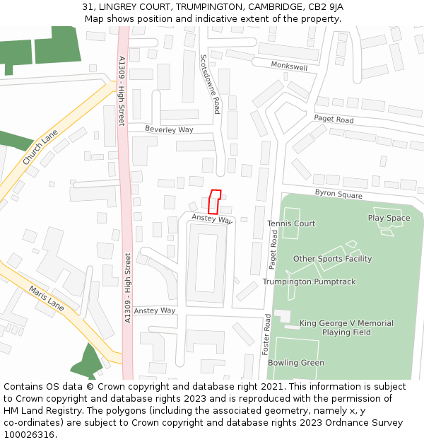 31, LINGREY COURT, TRUMPINGTON, CAMBRIDGE, CB2 9JA: Location map and indicative extent of plot