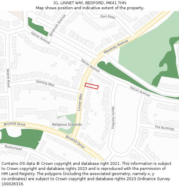 31, LINNET WAY, BEDFORD, MK41 7HN: Location map and indicative extent of plot