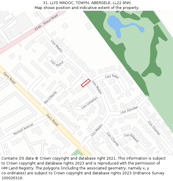 31, LLYS MADOC, TOWYN, ABERGELE, LL22 9NN: Location map and indicative extent of plot