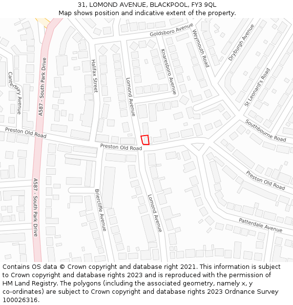 31, LOMOND AVENUE, BLACKPOOL, FY3 9QL: Location map and indicative extent of plot