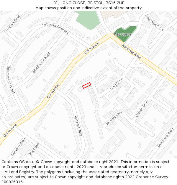 31, LONG CLOSE, BRISTOL, BS16 2UF: Location map and indicative extent of plot