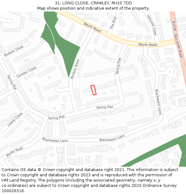 31, LONG CLOSE, CRAWLEY, RH10 7DD: Location map and indicative extent of plot