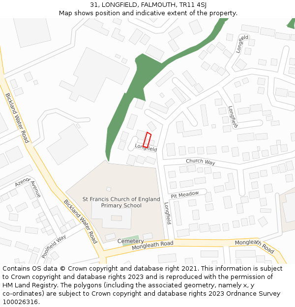 31, LONGFIELD, FALMOUTH, TR11 4SJ: Location map and indicative extent of plot