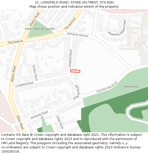 31, LONGFIELD ROAD, STOKE-ON-TRENT, ST4 6QN: Location map and indicative extent of plot