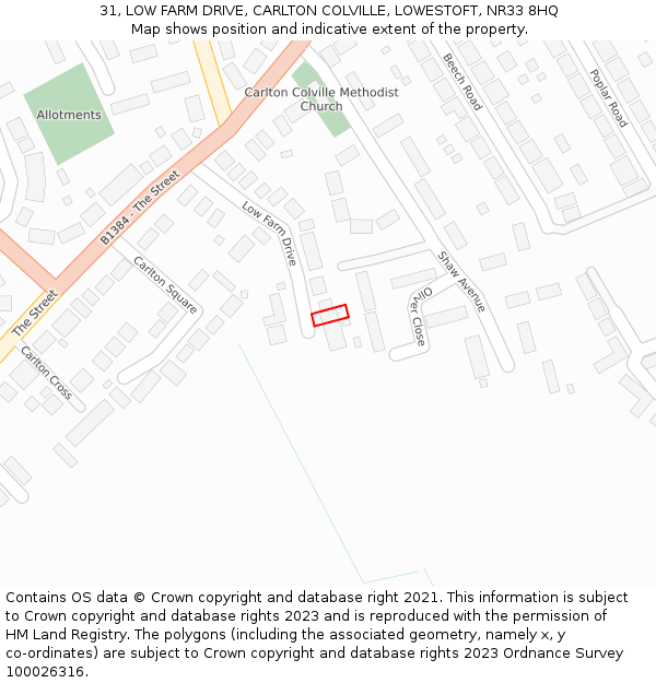 31, LOW FARM DRIVE, CARLTON COLVILLE, LOWESTOFT, NR33 8HQ: Location map and indicative extent of plot