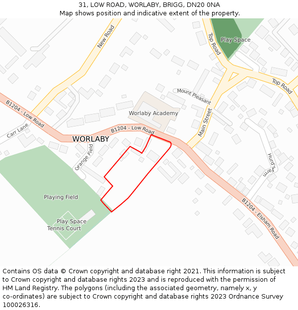 31, LOW ROAD, WORLABY, BRIGG, DN20 0NA: Location map and indicative extent of plot