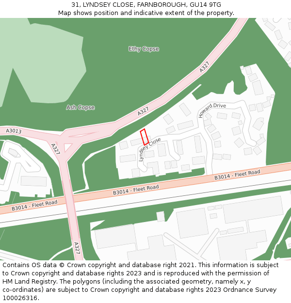 31, LYNDSEY CLOSE, FARNBOROUGH, GU14 9TG: Location map and indicative extent of plot