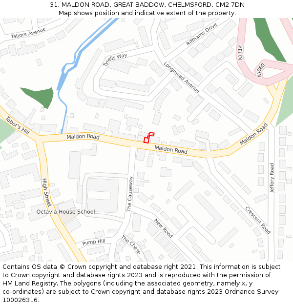 31, MALDON ROAD, GREAT BADDOW, CHELMSFORD, CM2 7DN: Location map and indicative extent of plot