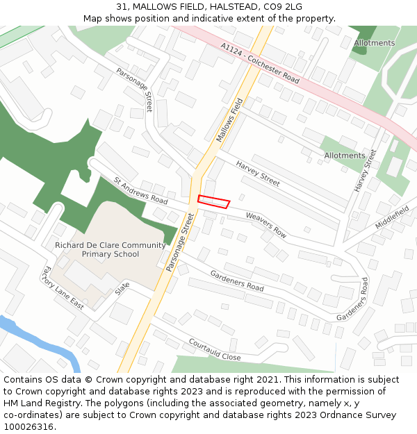 31, MALLOWS FIELD, HALSTEAD, CO9 2LG: Location map and indicative extent of plot