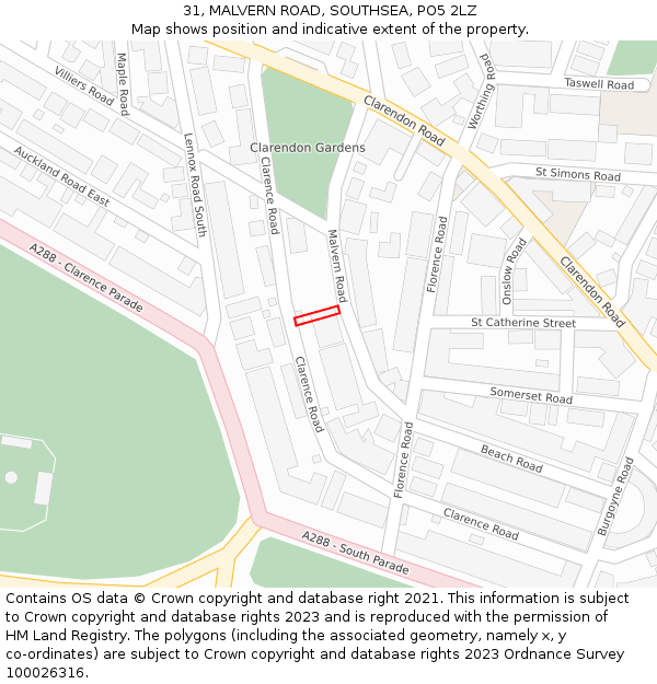 31, MALVERN ROAD, SOUTHSEA, PO5 2LZ: Location map and indicative extent of plot