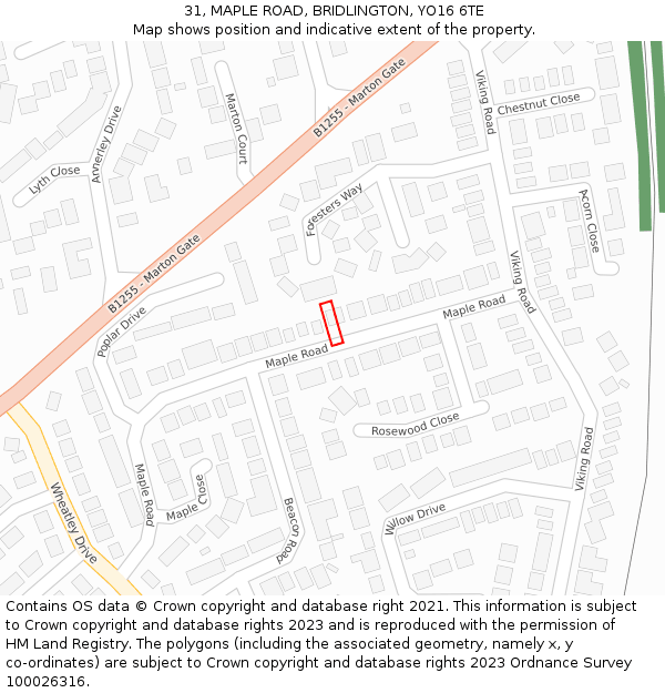 31, MAPLE ROAD, BRIDLINGTON, YO16 6TE: Location map and indicative extent of plot