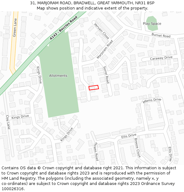 31, MARJORAM ROAD, BRADWELL, GREAT YARMOUTH, NR31 8SP: Location map and indicative extent of plot