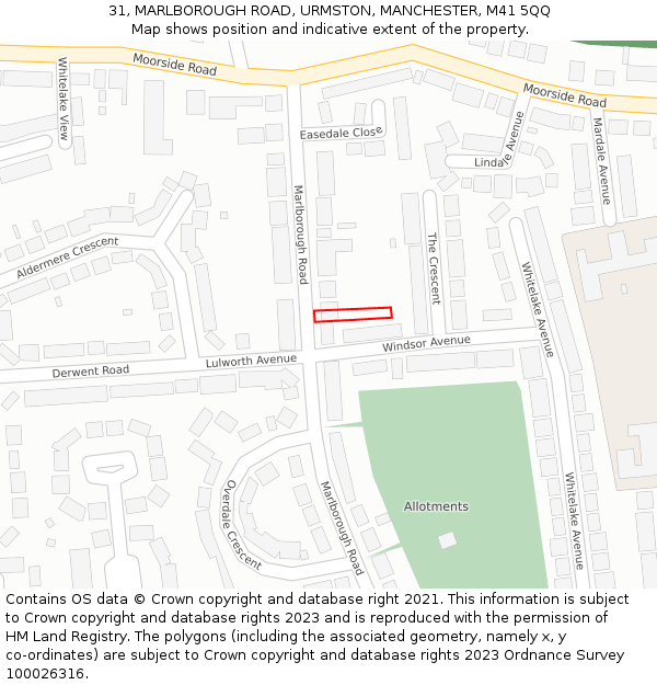 31, MARLBOROUGH ROAD, URMSTON, MANCHESTER, M41 5QQ: Location map and indicative extent of plot