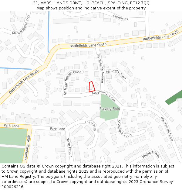 31, MARSHLANDS DRIVE, HOLBEACH, SPALDING, PE12 7QQ: Location map and indicative extent of plot