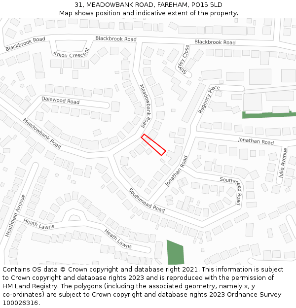 31, MEADOWBANK ROAD, FAREHAM, PO15 5LD: Location map and indicative extent of plot