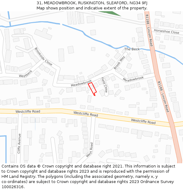 31, MEADOWBROOK, RUSKINGTON, SLEAFORD, NG34 9FJ: Location map and indicative extent of plot