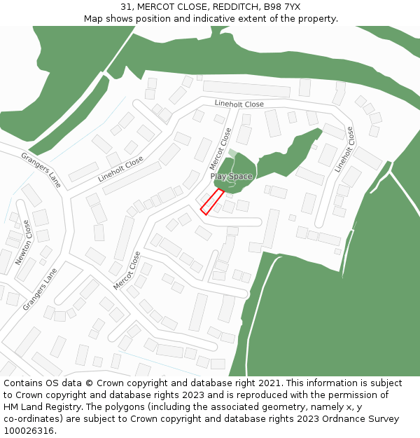 31, MERCOT CLOSE, REDDITCH, B98 7YX: Location map and indicative extent of plot